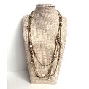 Chico's Gold Tone Two‑Layer Long Necklace Rhinestones Gold Beads Jewelry 44 Inch